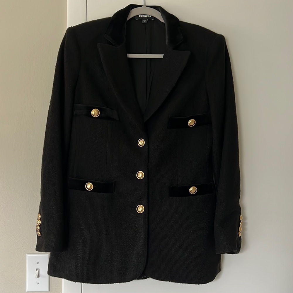 Express tweed notch lapel novelty button blazer